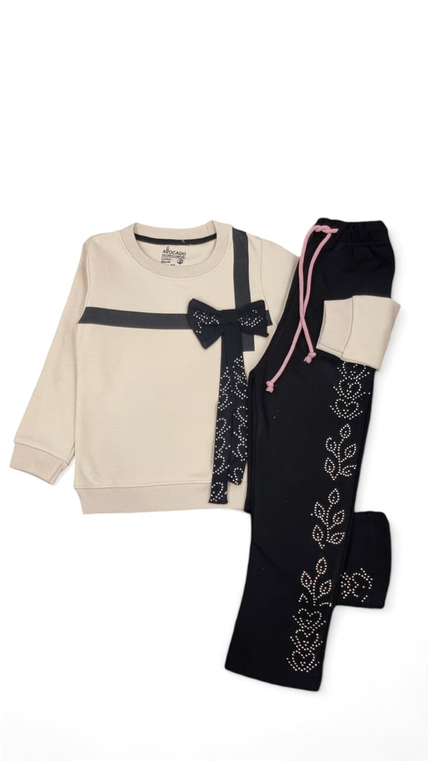 Bow Embellished Fleece Sweatshirt & Leaf Patterned Trouser