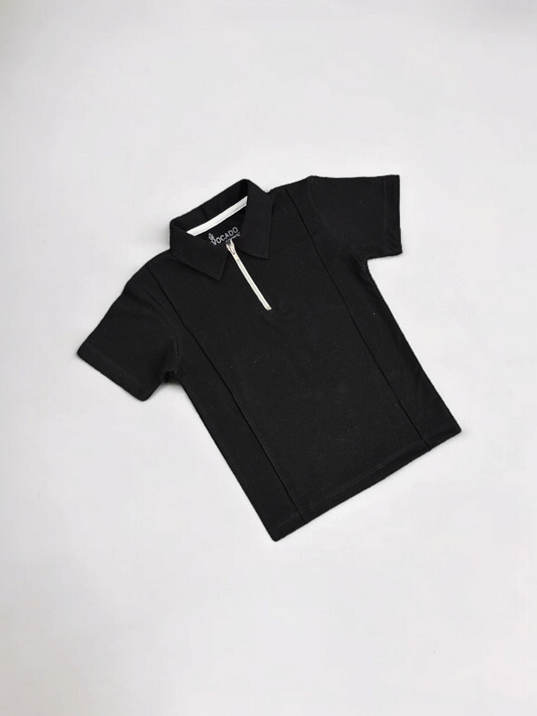 Black Polo Tee With Zipper Closurey