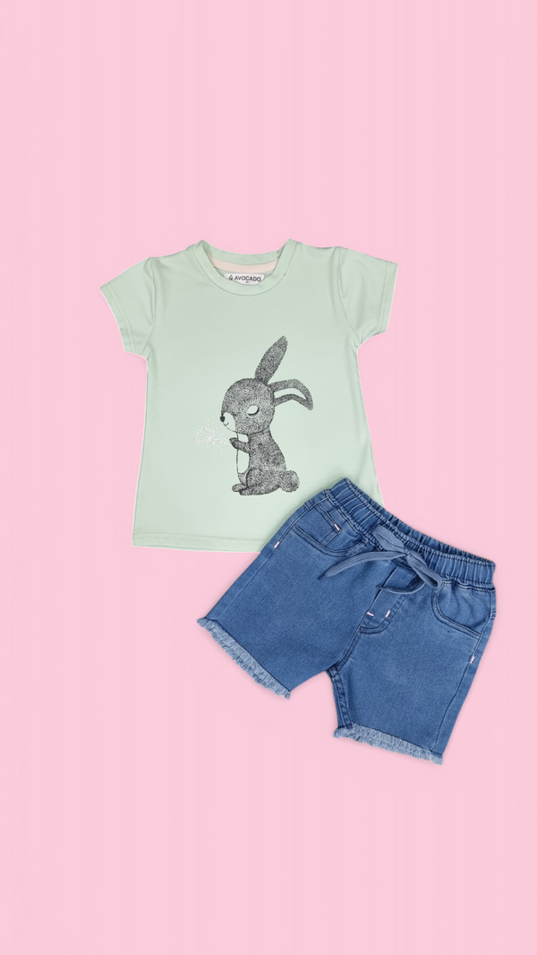 Bunny Printed Sky Blue Tee & Denim Short