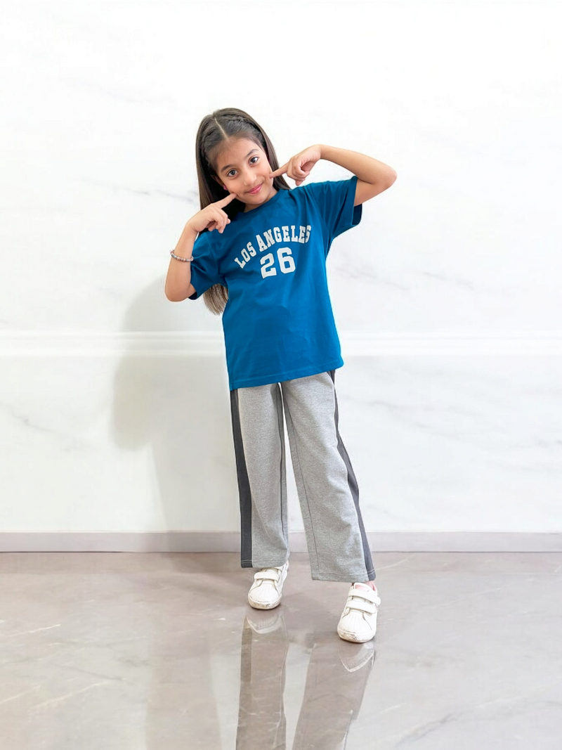 Blue Los Angeles Tee & Charcoal Panel Straight Terry Trouser