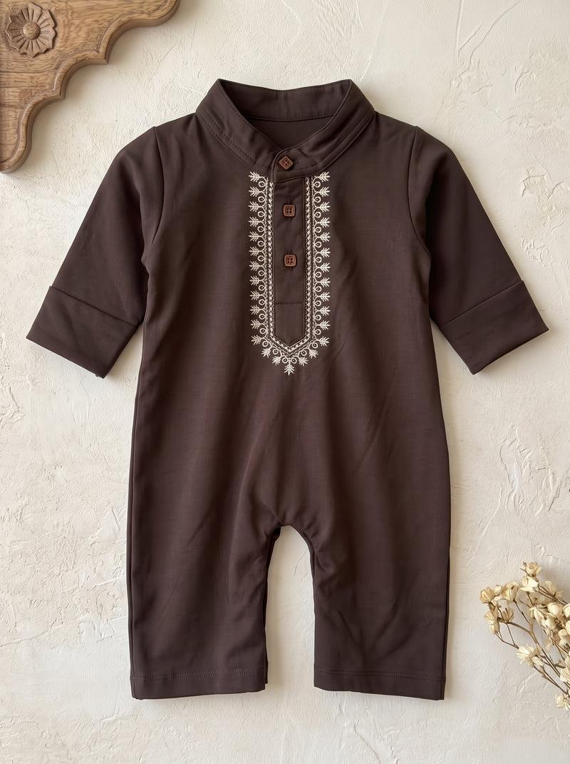 Dark Brown Little Charm Embroidered Romper
