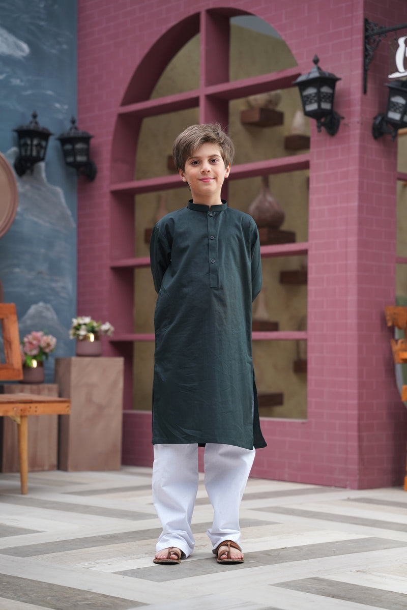 Dark Green Cotton Kurta & White Trouser (2 pcs)