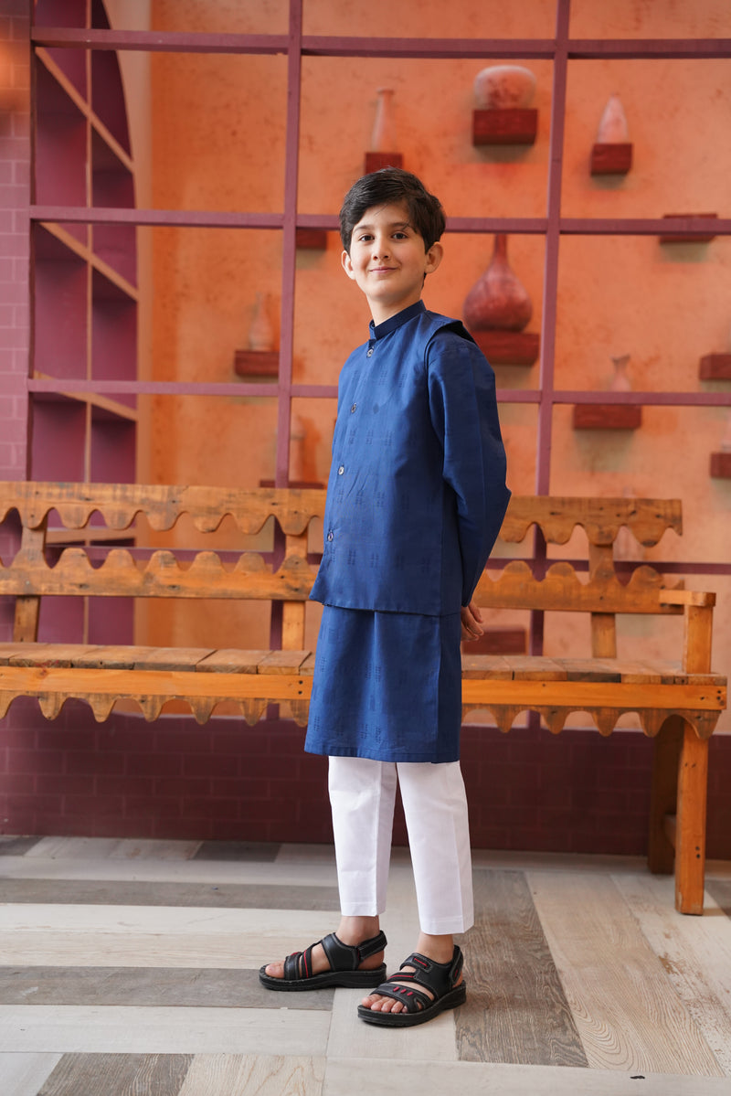 Premium Self Jacquard Textured Kurta - Waistcoat & White Trouser (3pcs)