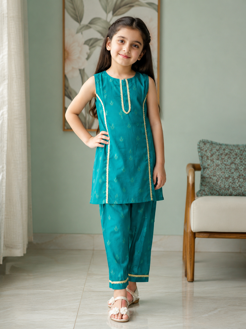 Teal Blue Sleeveless Kurti & Trouser