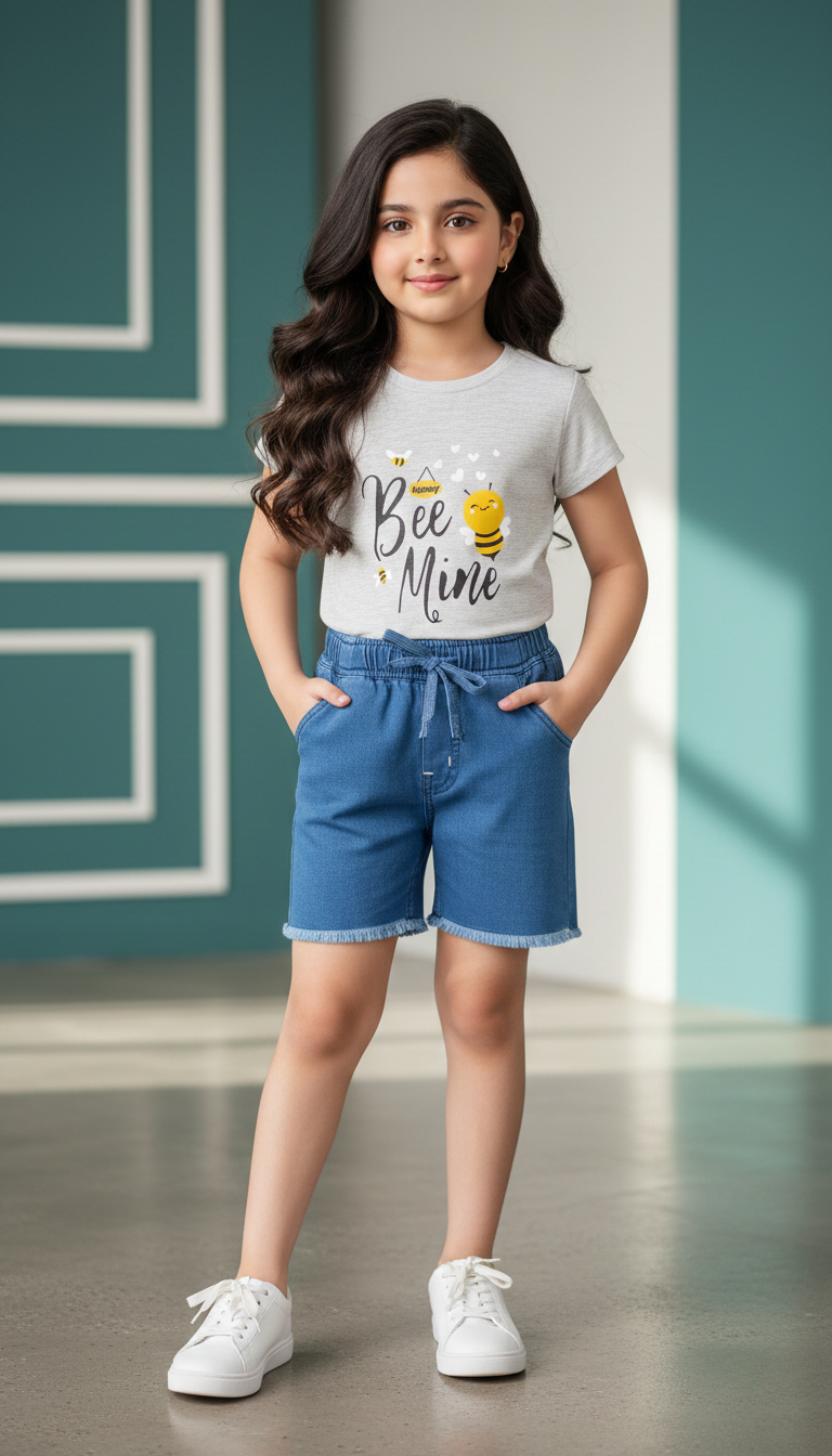 Bee Mine Light Grey Tee & Denim Short