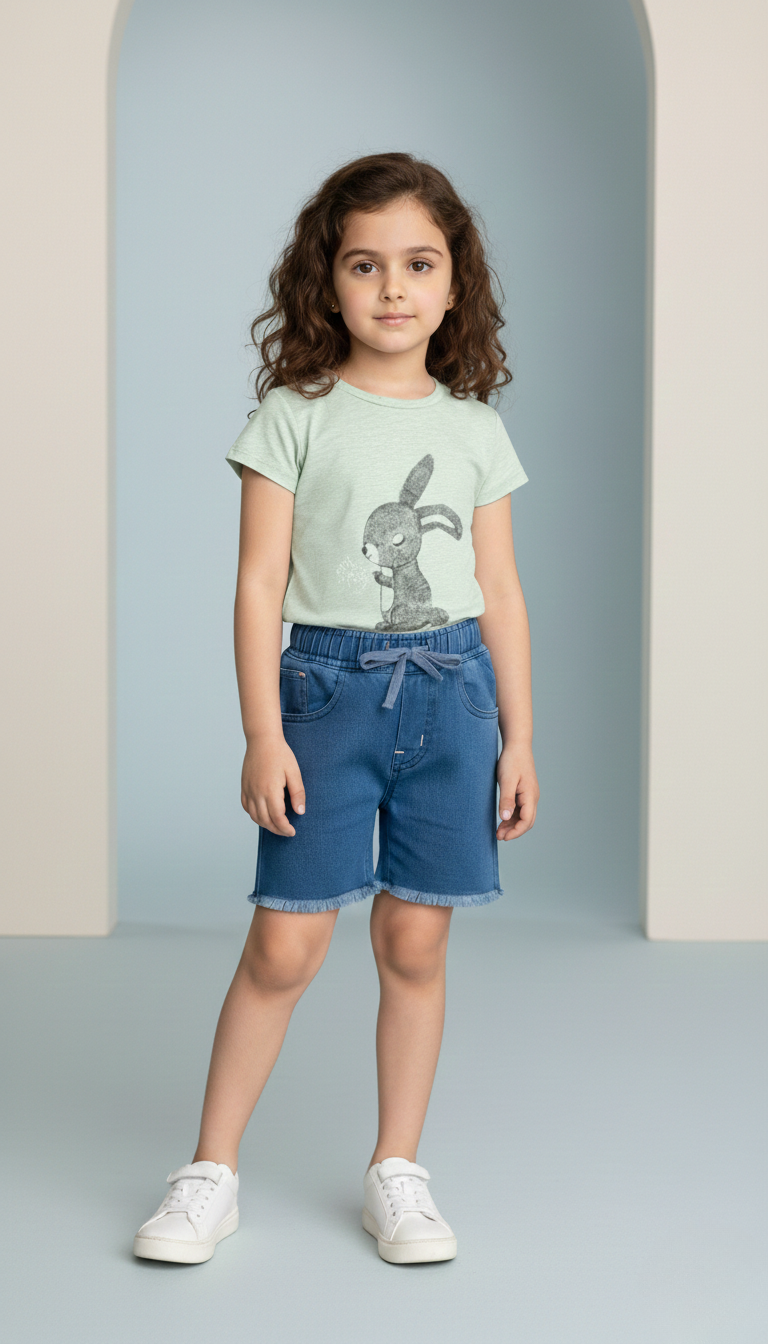 Bunny Printed Sky Blue Tee & Denim Short