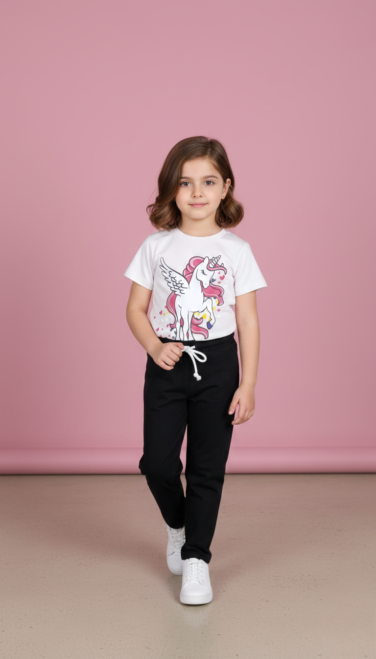 Girls Unicorn Power Baby Pink Tee & Black Trouser