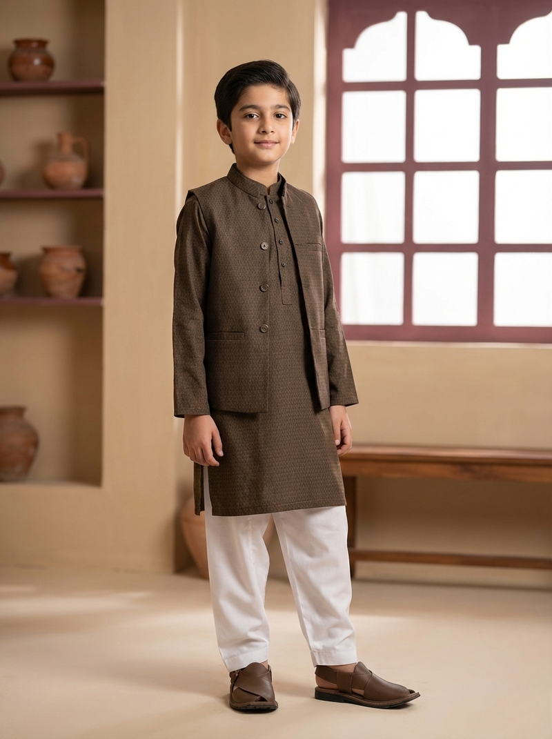 Chocolate Brown Diamond Kurta - Matching Waistcoat & White Cotton Trouser ( 3 pcs )