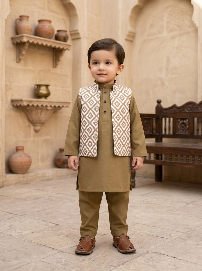 Traditional Charm Olive Kurta Trouser & Waistcoat (3 pcs) Infant