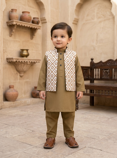 Traditional Charm Olive Kurta Trouser & Waistcoat (3 pcs) Infant