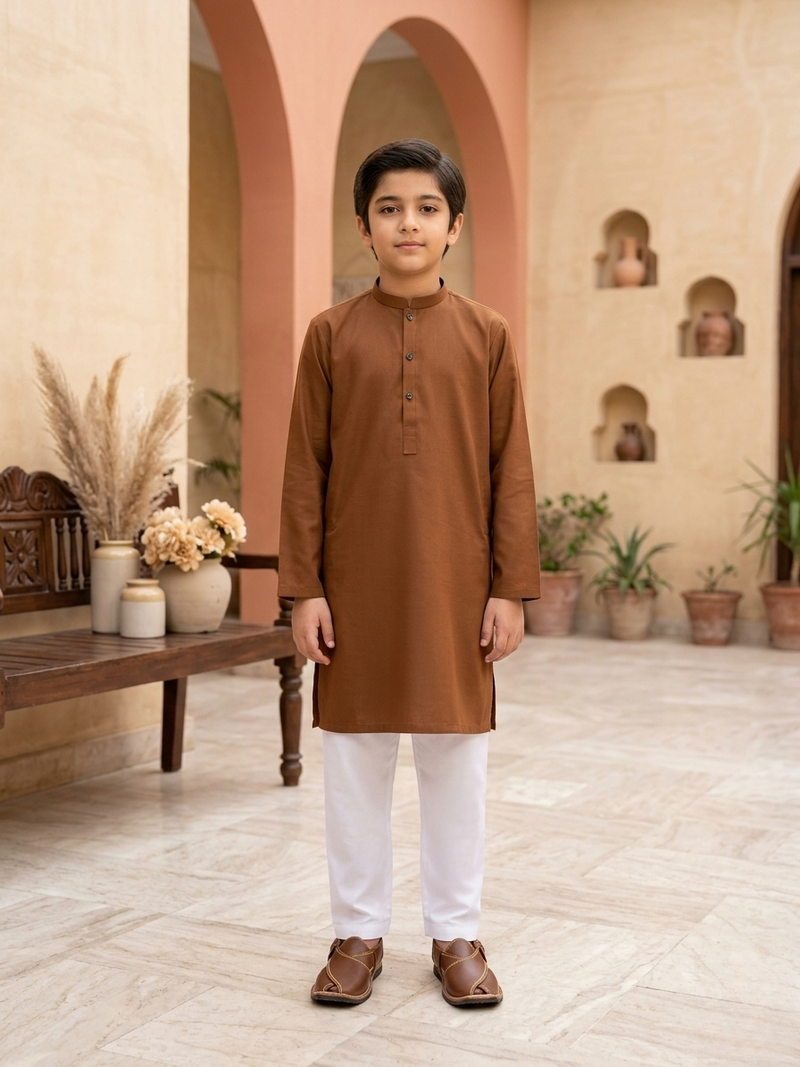 Brown Cotton Kurta & White Trouser (2 pcs)