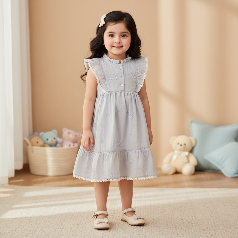 Elegant Pastel Frock with Floral & Lace Embroidery