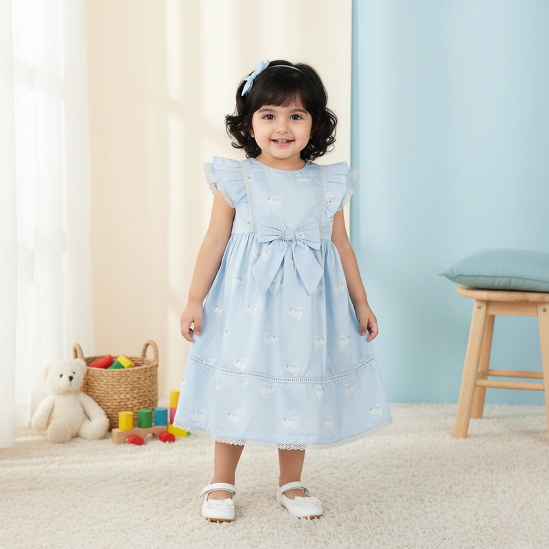 Cat Printed Sky Blue Bow Lace Frock