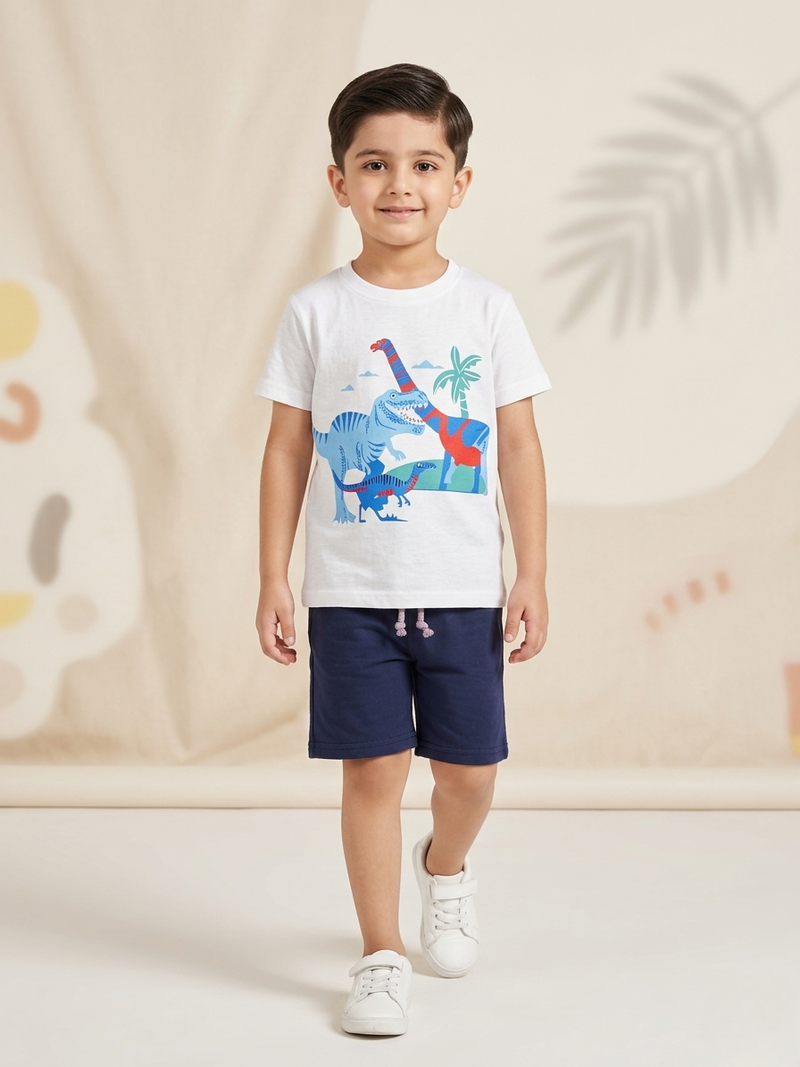 Dino Explorer White Tee & Navy Shorts