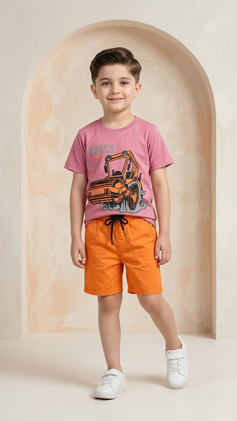 Wreck Machine Printed Tee & Orange Cotton Jeans shorts
