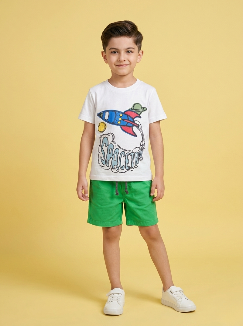 Rocket Spacetravel Tee & Green Cotton Jeans Short