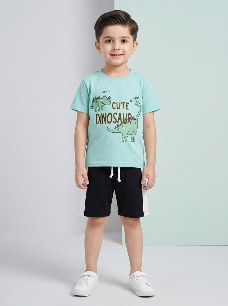 Cute Dinosaur T-Shirt & Soft Comfy Contrast Panel Black - White Short