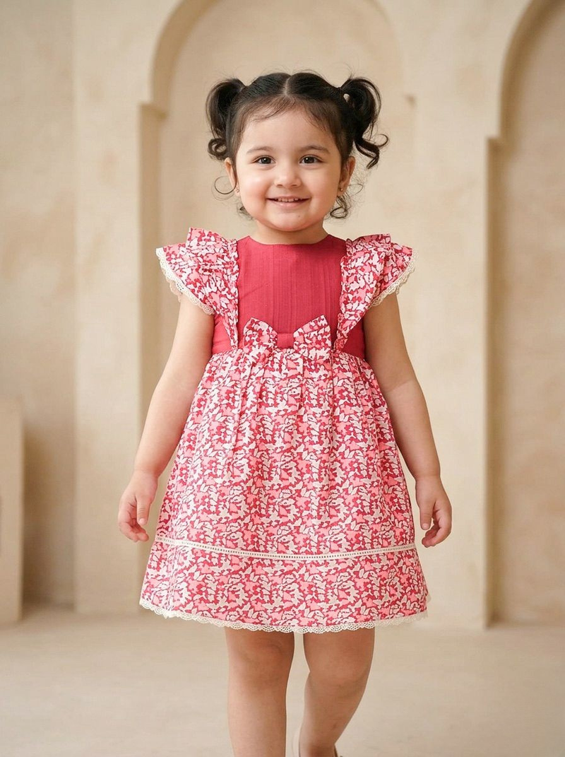 Charming Red & White Printed Frock with Lace Detailing