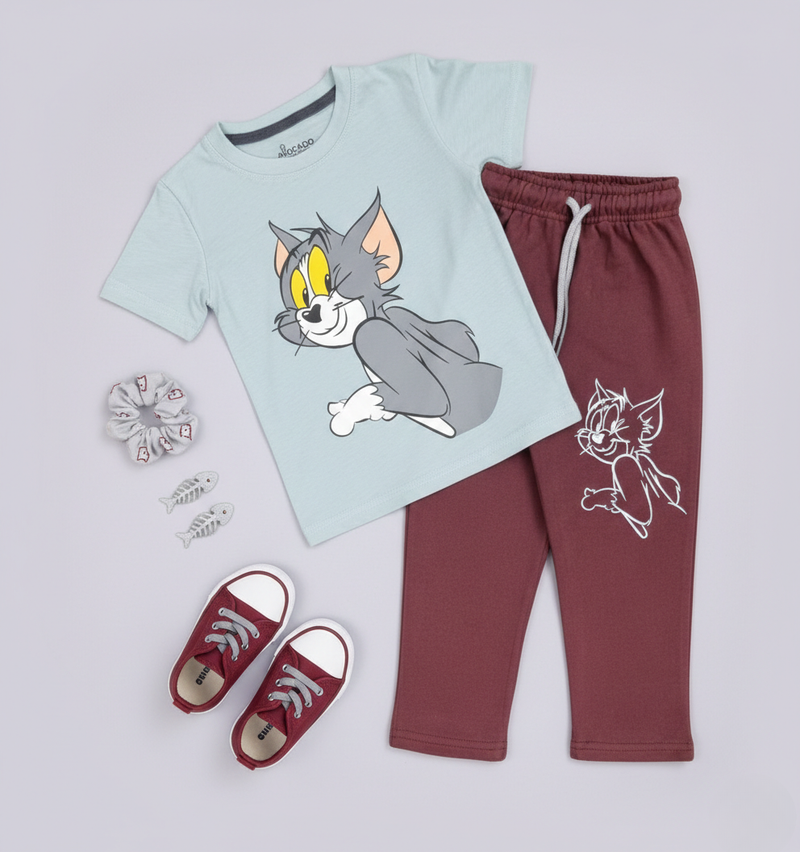 Tom Printed Sky Blue Tee & Mehroon Trouser