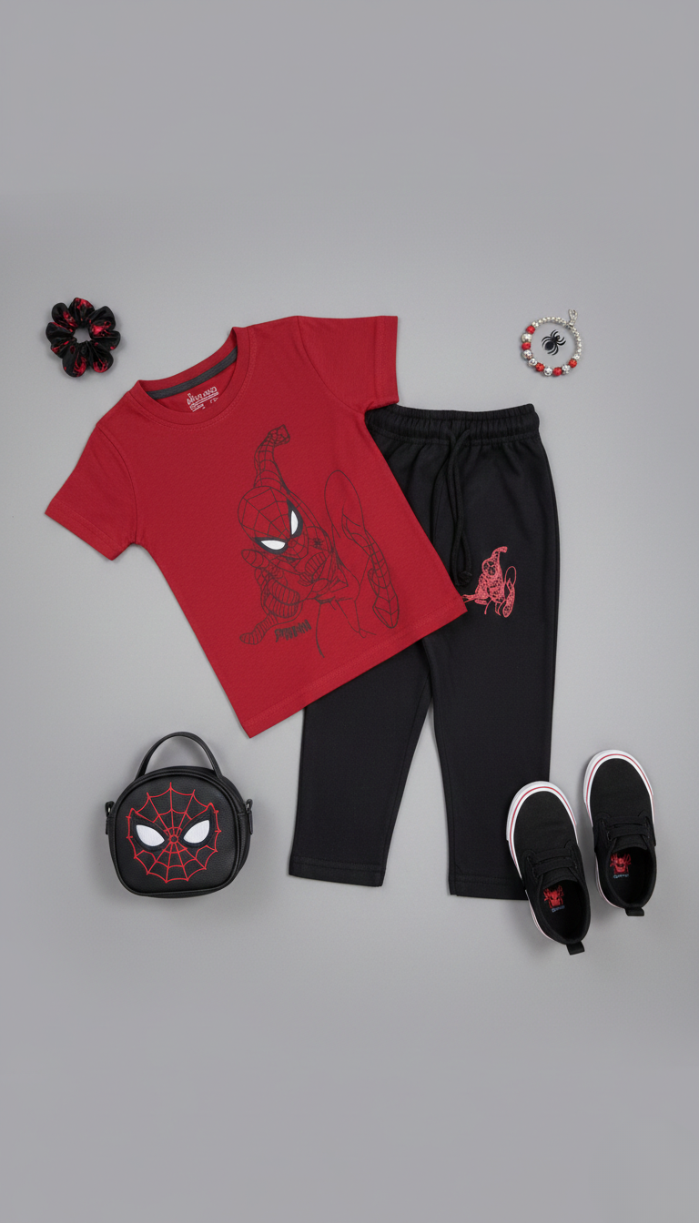Spider Men Printed Red Tee & Black Terry Trouser