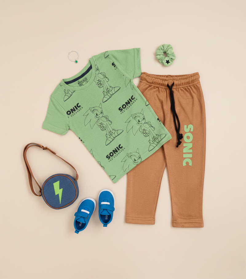 Sonic Green Tee & Brown Terry Trouser