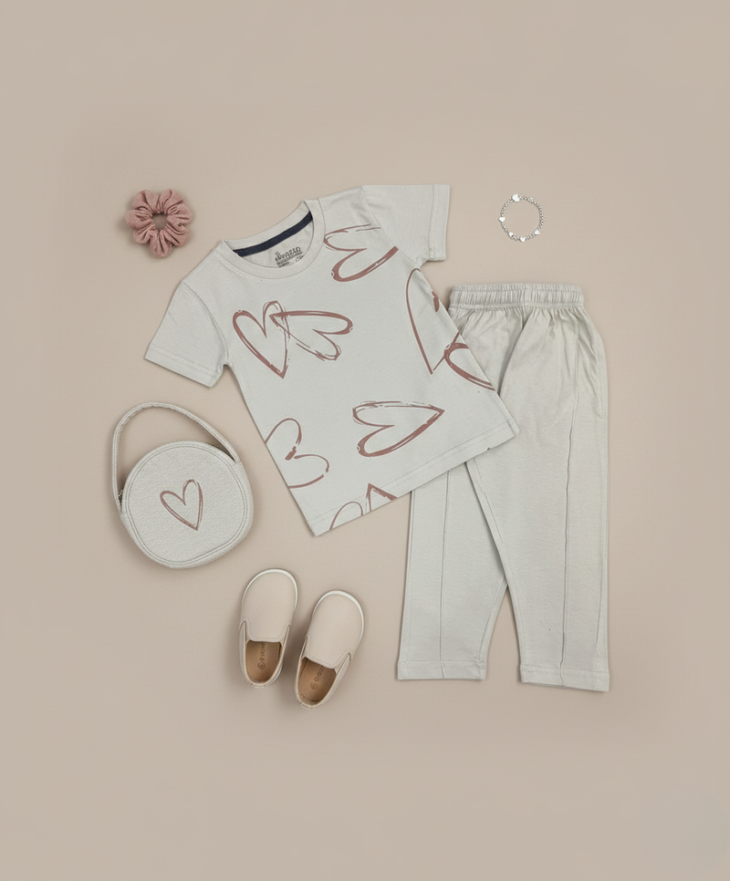 Brown Love Heart Pista Green Tee & Trouser