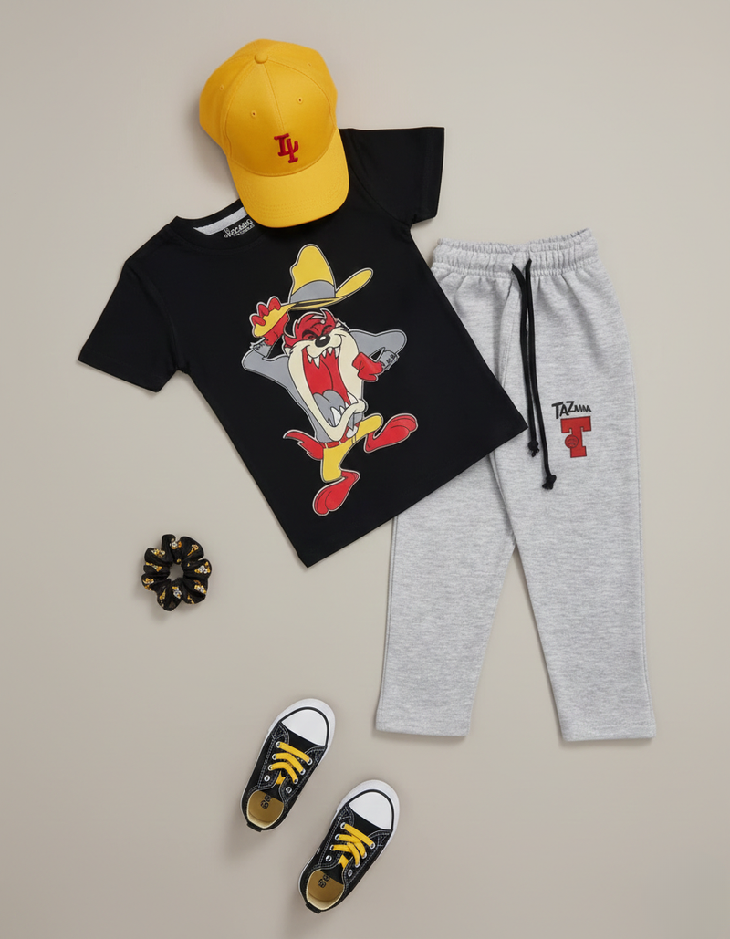 Taz Printed Black Tee & Grey Trouser