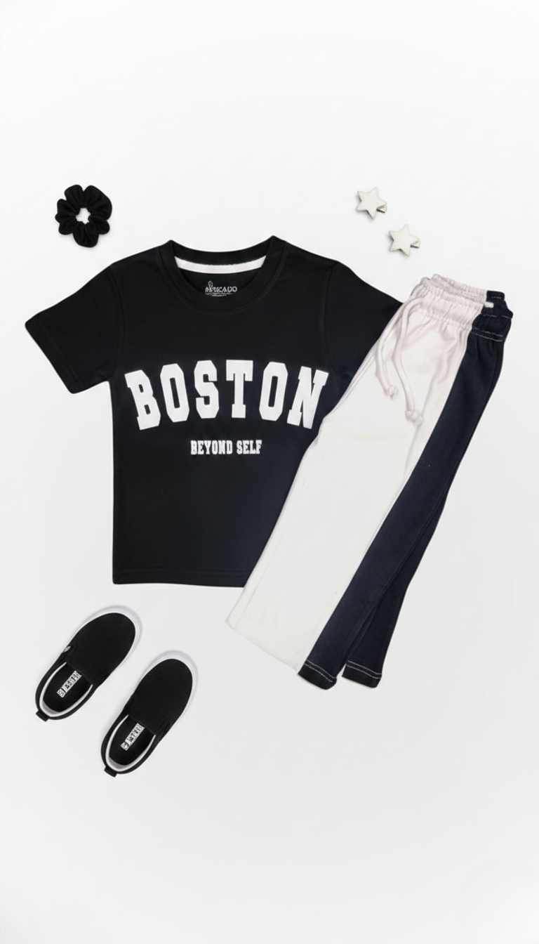 Boston Tee & Black Panel Straight Terry Trouser