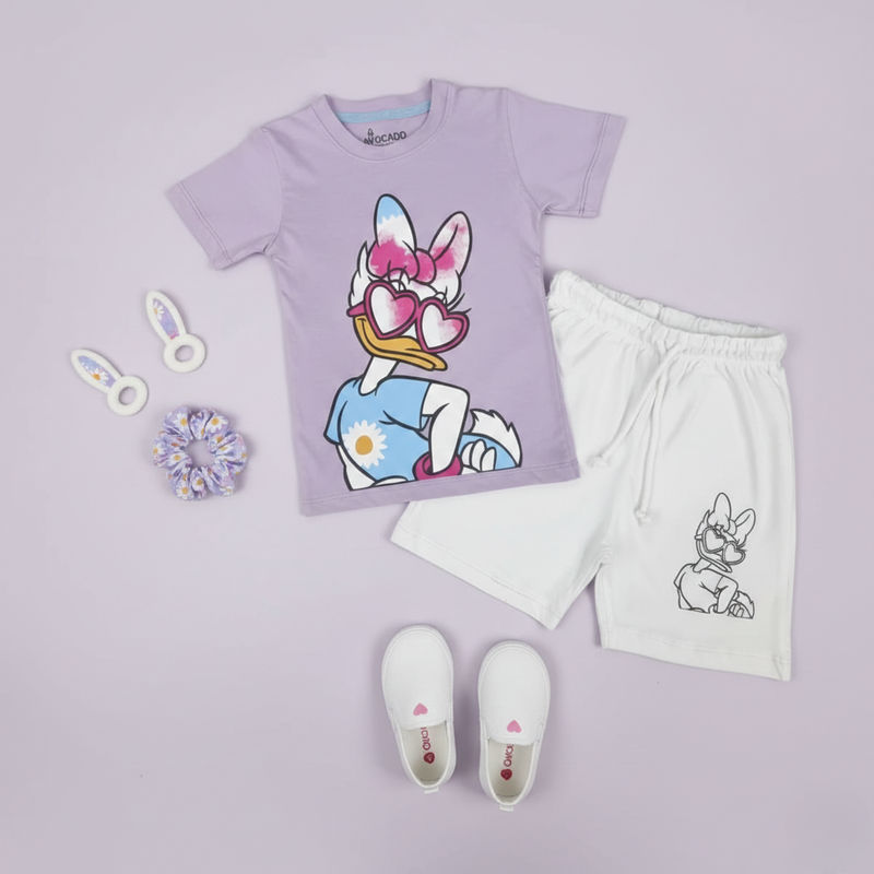 Daisy Duck Printed Purple Tee & White Short