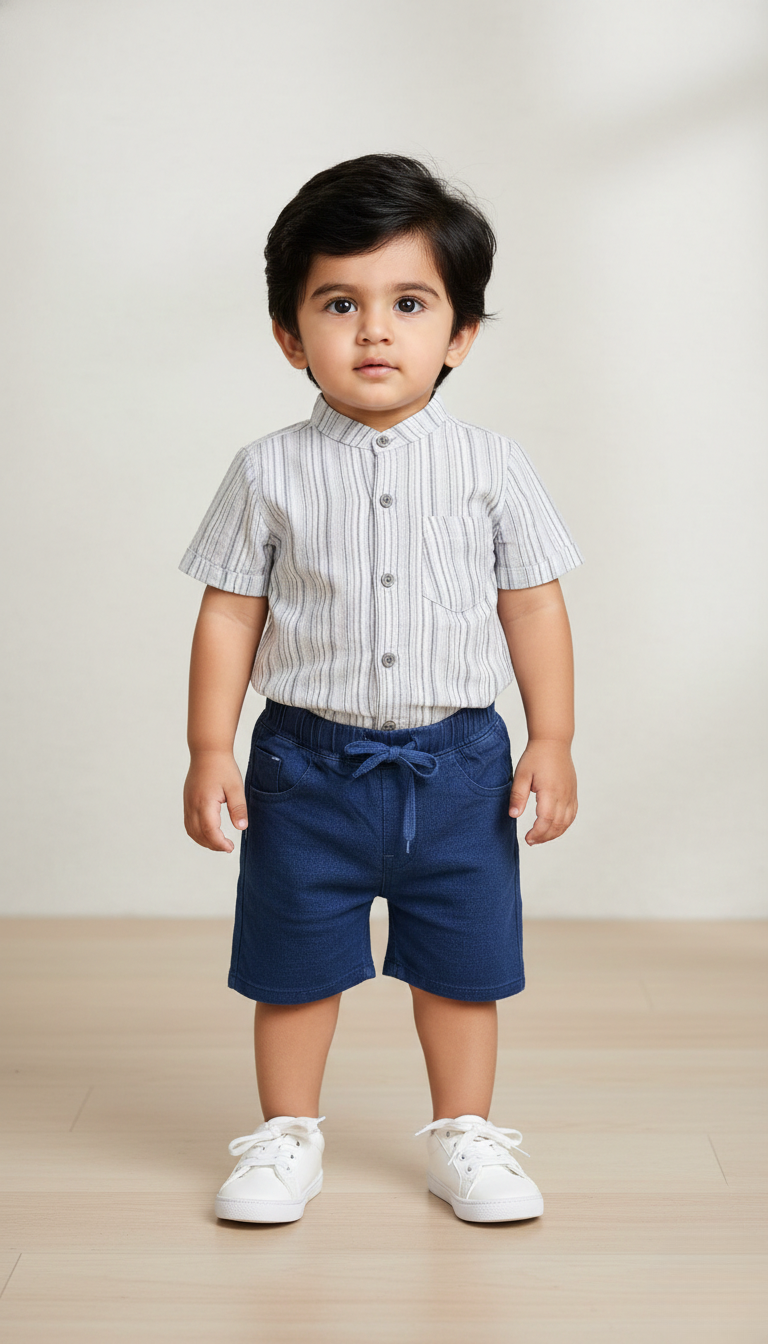 Striped Mandarin Collar Shirt with Navy Short