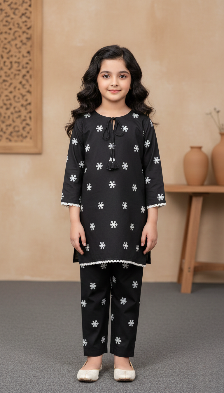 Floral Motif Design Black Cord Set