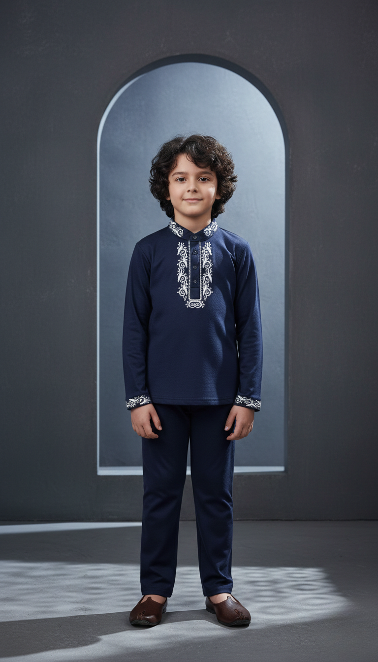 Ethnic Interlock Navy Short Kurta & Trouser