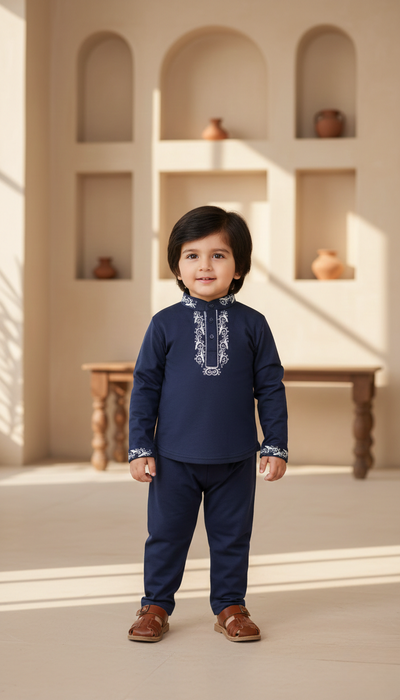 Ethnic Interloack Navy Short Kurta & Trouser Infant
