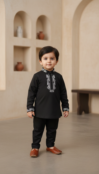 Ethnic Interloack Black Short Kurta & Trouser Infant