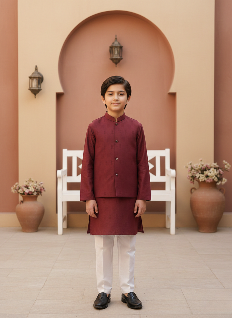 Maroon Majesty Self Kurta With Waistcoat 2 pcs