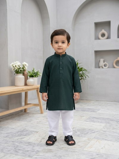 Dark Green  Cotton Kurta & White Trouser  ( 2 pcs ) Infant