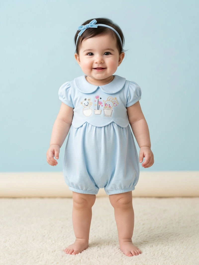 Blush Bear Garden Sky Blue Romper