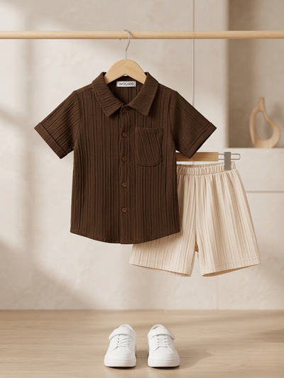 Brown Ribbed Shirt & Cream Beige Short
