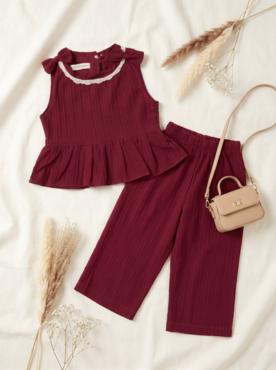 Red Lace Neck Ribbed Frock & Trouser