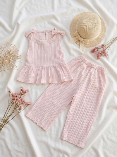 Baby Pink Lace Neck Ribbed Frock & Trouser