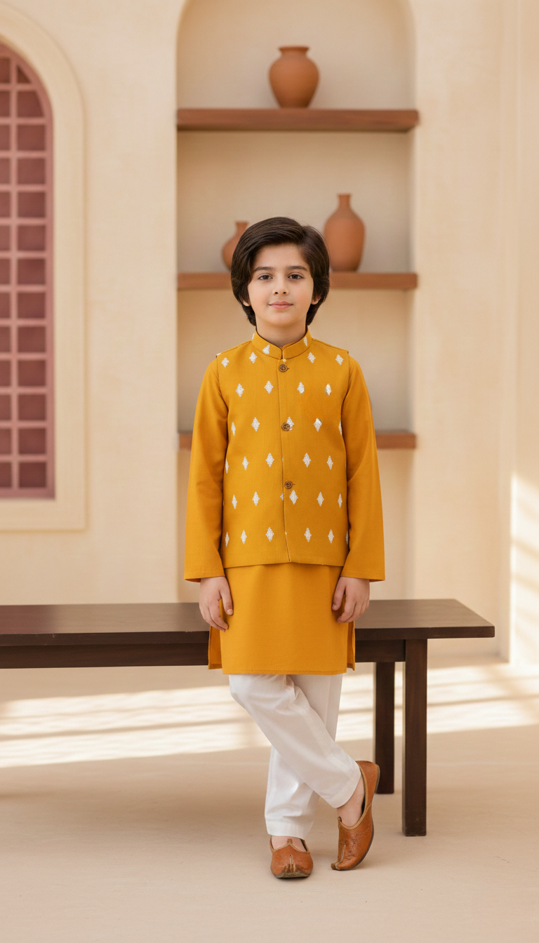 Amber Floral Printed Mustard Kurta With Waistcoat (2pcs)