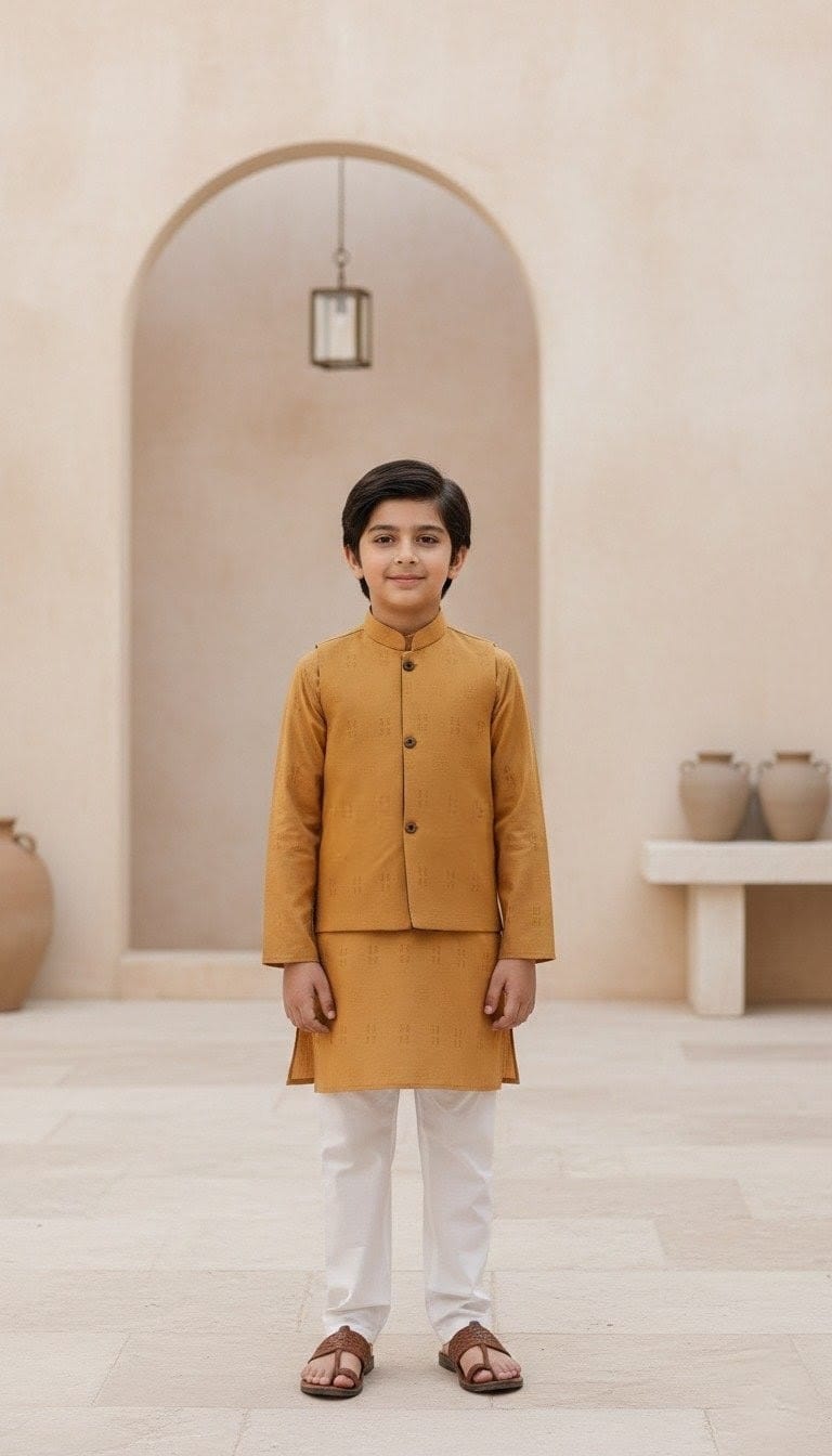 Desert Gold Textured Kurta With Waistcoat 2 pcs
