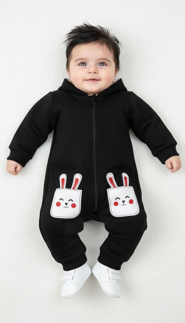 Cozy Duo Bunny Embossed Fleece Black Romper