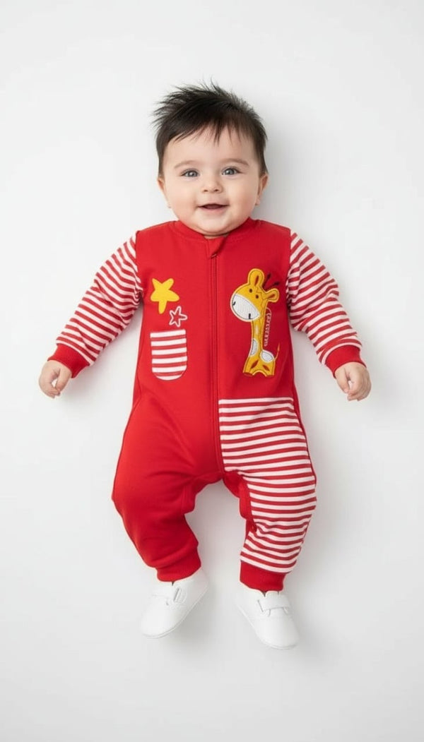 Striped Safari Giraffe Fleece Red Romper