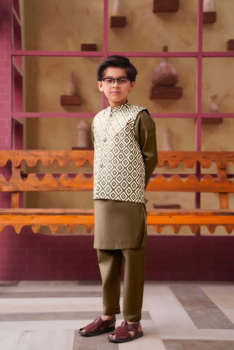 Traditional Charm Olive Kurta Trouser & Waistcoat (3 pcs)