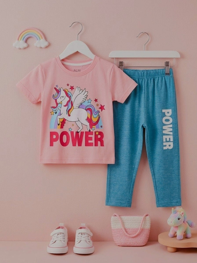 Girls Unicorn Power Pink Tee & Blue Trouser