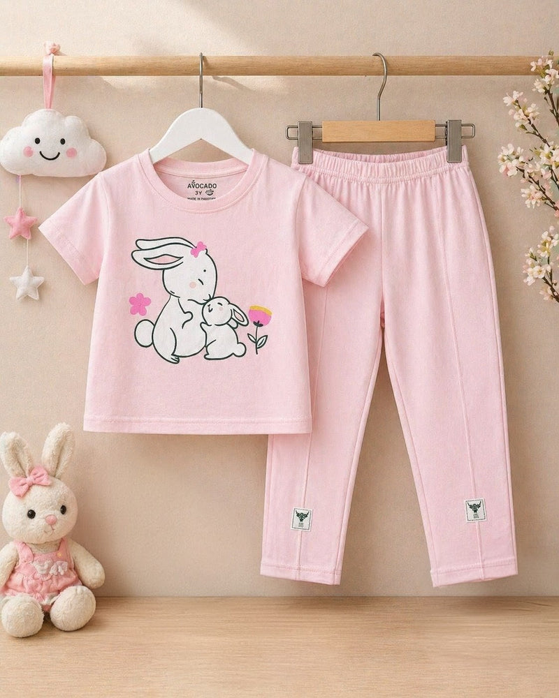Cute Bunny Hug Pink Tee & Trouser