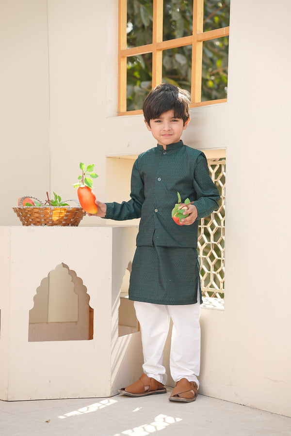 Zinc Textured Kurta - Waistcoat & White Trouser