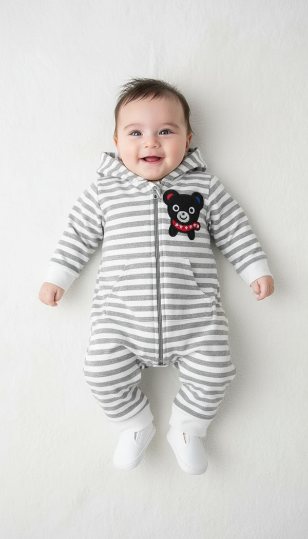 Grey/White Striped Fleece Hoodie & Romper
