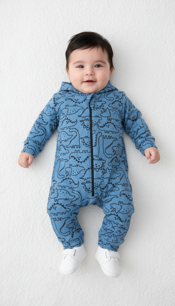 Fun Dinosaur Print Hooded Mid-Season Romper